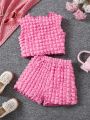 SHEIN Kids EVRYDAY Girls' Bubble Fabric Vest And Shorts Set