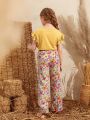 SHEIN Kids SUNSHNE Tween Girls' Short Sleeve Round Neck T-Shirt And Floral Wide Leg Pants Casual Two-Piece Set