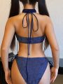 SHEIN Swim Y2GLAM Cross Halter Neck Backless Bikini Set With Knot Tie And Side Straps