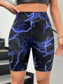 SHEIN Coolane Women's Tight-fitting Lightning Printed Shorts With Wide Elastic Waistband For Base Layer