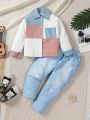 SHEIN Kids QTFun Toddler Girls' Long Sleeve Splice Shirt And Denim Floral Printed Pants 2pcs Outfit Set