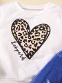 Little Girls' Heart Leopard Print Crewneck Sweatshirt And Printed Pants Set, Simple And Comfortable, Autumn And Winter