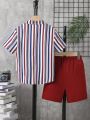SHEIN Teens' Casual Striped Short Sleeve Shirt And Shorts Set, Summer