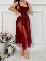 Red Mesh Splice Shiny Ruffle Decoration Nightgown For Home Wearing And Sleeping
