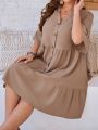 EMERY ROSE Plus Size Notched Neckline Flare Sleeve Dress With Cutout Detail