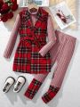 SHEIN Kids FANZEY Girls' Elegant Vest Top, T-shirt, Leggings 3pcs/set With Christmas Plaid Print