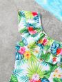 Tween Girl's One Piece Swimsuit With Random Floral Print And Ruffle Trim Without Stitching Edge