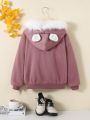 SHEIN Tween Girl Fuzzy Trim Hooded Thermal Lined Drop Shoulder Jacket