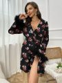 Valentines Floral Printed Plush Cuffs Belted Bathrobe, Homewear