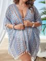 SHEIN Swim BohoFeel 1pc Plus Size Full Printed Kimono With Tassel Decoration