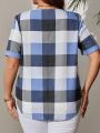 EMERY ROSE Plus Size Notch Neck Short Sleeve Plaid Blouse