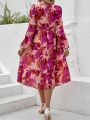 SHEIN Clasi Women'S Floral Print Round Neck Balloon Sleeves Ruffle Hem Dress