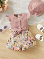 SHEIN Baby Girl Floral Print Ruffle Trim Belted Romper & Hat