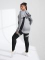 Yoga Basic Women's Plus Size Loose Color Blocking Drawstring Hoodie And Tight Breathable Sports Leggings Set