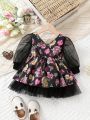 Baby Girl's Mesh Patchwork Flower Print Dress