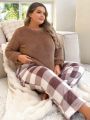 Plus Size Womens' Plush Top And Checked Pants Pajama Set