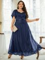 Plus Flutter Sleeve Sweetheart Neck Rhinestone Detail Lace Bridesmaid Dress