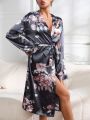 Floral Print Contrast Binding Belted Satin Robe