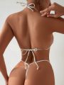 SHEIN Swim SXY Women'S Tie Back Halter Bra With Thong Bikini Set