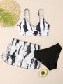 Three-Piece Tie-Dye And Solid Color Split Swimsuit Set For Tween Girls