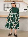 SHEIN Tween Girl Leg-Of-Mutton Sleeve Pattern Printed Patchwork Small Stand-Up Collar Long Dress