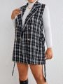 SHEIN Privé Plus Plaid Pattern Belted Vest Overcoat