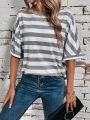 SHEIN LUNE Women's Round Neck Striped T-shirt