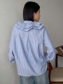 FRIFUL Ladies' Blue Striped Shirt With Floral Lace Collar Design