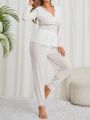 Ladies' Lace Panel Long Sleeve Top And Pants Pajama Set