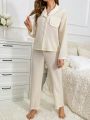 Contrast Lace Trim Drop Shoulder PJ Set