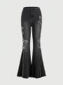 Fairycore Women's Flare Jeans With Frayed Hem And Star Print