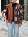 Men's Patchwork Diamond Check Pattern Button Front Cardigan Sweater