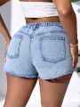 SHEIN VCAY Plus Size Women's Mid Waisted Skinny Denim Skort With College Style