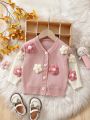 Baby Girls' 3d Flower Color Block Cardigan With Buttons