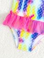 SHEIN Baby Girl's Gradient Fish Scale Pattern Mesh Ruffled One-Piece Swimwear