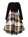 SHEIN LUNE Plus Plaid Print Belted Dress