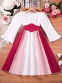 SHEIN Kids Nujoom Girls' Romantic Long Sleeve Court Style Colorblock Dress With Waistband