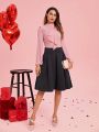 SHEIN Clasi Women  Valentine's Day  Stand Collar Lace Decorated Lantern Sleeve Pink Shirt