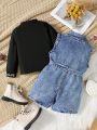 SHEIN Kids HYPEME Toddler Girls' Denim Jumpsuit With Printed Bottoming Shirt 2 Piece Set