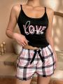 Text & Plaid Print Cami Top And Shorts Homewear Set