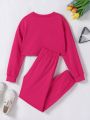 SHEIN Kids EVRYDAY 2pcs/Set Tween Girls' Casual Drop Shoulder Round Neck Sweatshirt And Jogger Pants