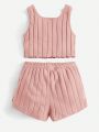 SHEIN Baby Girls' Casual Sports Tank Top With Notched Neckline And Shorts Set