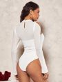 SHEIN BAE Women White Hollow Out Bodycon Bodysuit, Long Sleeve, Charming And Elegant For Valentine's Day Date