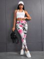 SHEIN Yoga Floral High-waisted Athletic Leggings With Floral And Skull Graphics