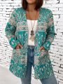 Plus Size Full Pattern Print Long Sleeve Open Front Coat