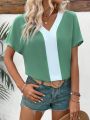 Women'S Color Block V-Neck Batwing Short Sleeve Blouse