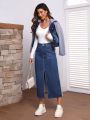 SHEIN LUNE Ladies' Long Denim Skirt With Front Slit