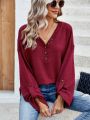 Rolled Cuff Solid Color V-Neck T-Shirt