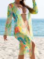 SHEIN Swim Vcay Women'S Tie-Dye Long Sleeve Kimono Cover Up