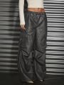 SHEIN BAE Women's Vintage Distressed Washed Leather Straight Leg Workwear Pants With 3d Pockets